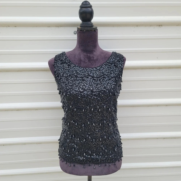 A Maxime Original 100% Pure Wool Beaded Sweater Top Black Sleeveless Womens Sz S - Picture 1 of 8